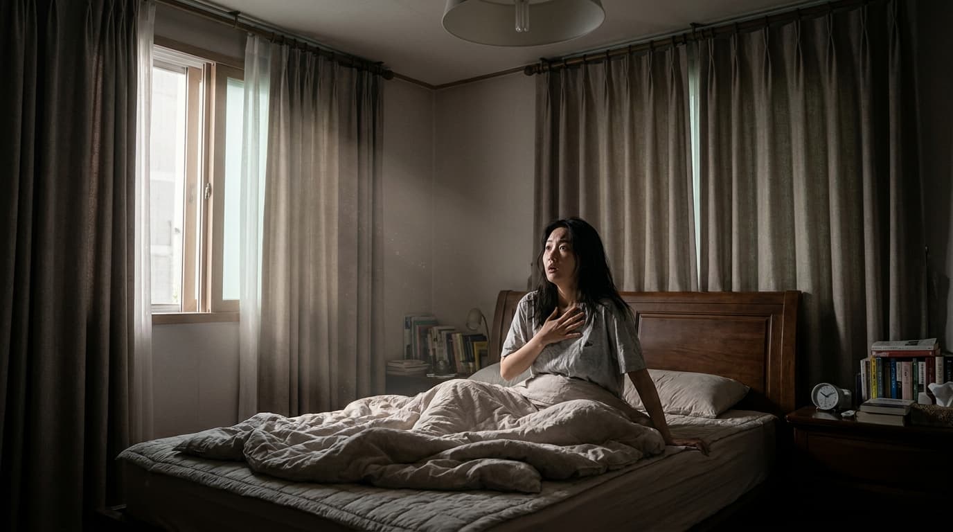 자다가 갑자기 숨이 차서 깨요, 혹시 공황발작인가요? 숨 막히는 밤의 불안, 달임채한의원이 답합니다.
