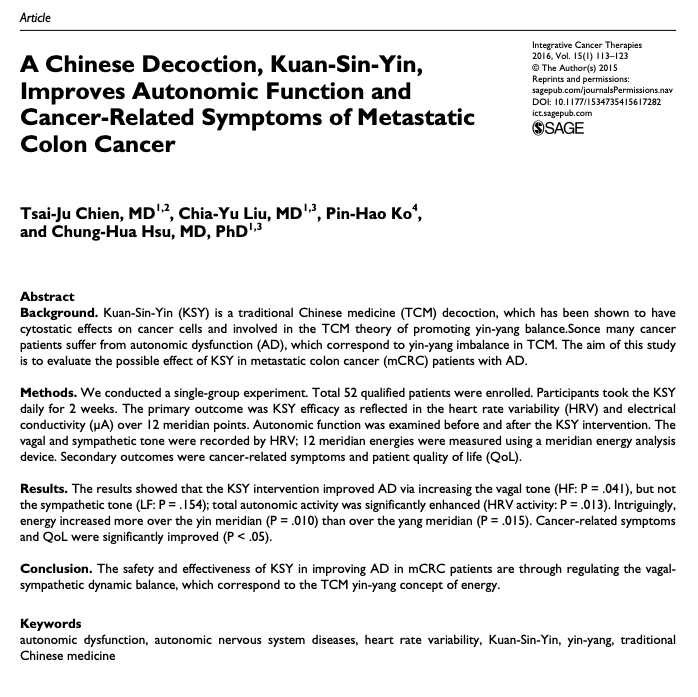A Chinese Decoction, Kuan-Sin-Yin, Improves Autonomic Function and Cancer-Related Symptoms