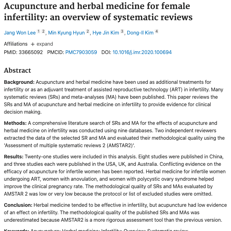 Acupuncture and herbal medicine for female infertility: an overview of systematic reviews