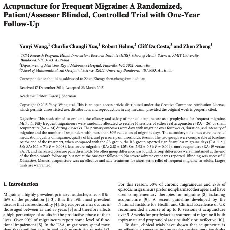 Acupuncture for Frequent Migraine: A Randomized, Patient/Assessor Blinded, Controlled Trial