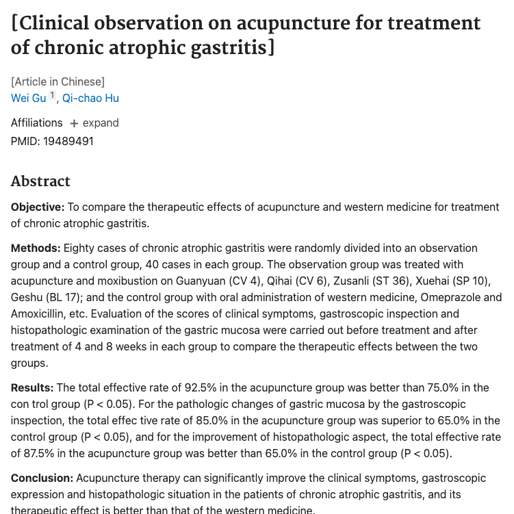 Clinical observation on acupuncture for treatment of chronic atrophic gastritis