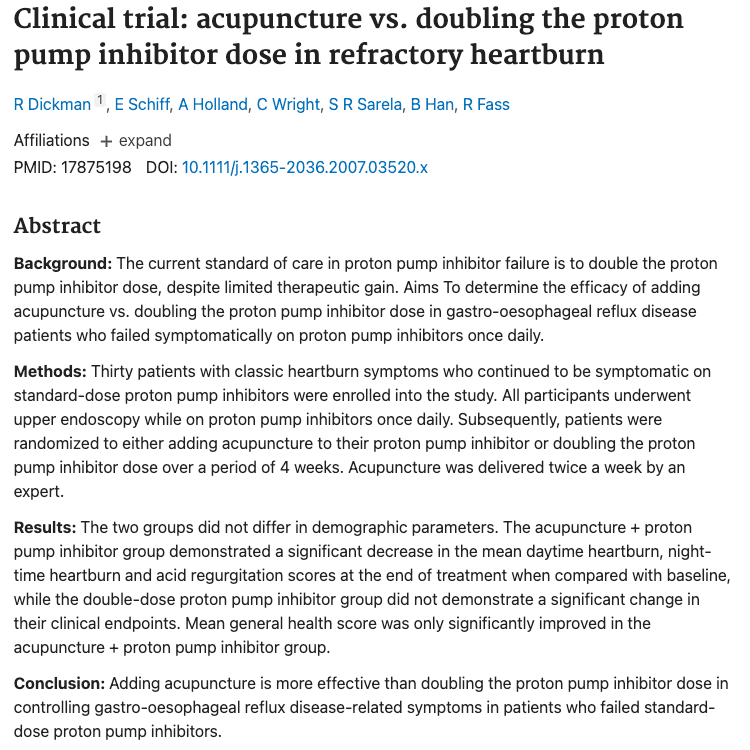 Clinical trial: acupuncture vs. doubling the proton pump inhibitor dose in refractory heartburn