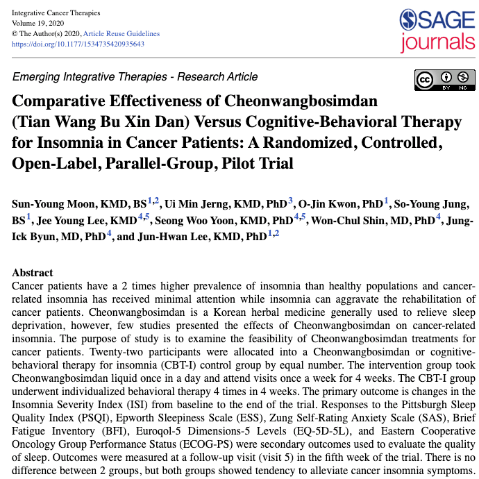 Comparative Effectiveness of Cheonwangbosimdan Versus Cognitive Behavioral Therapy for Insomnia