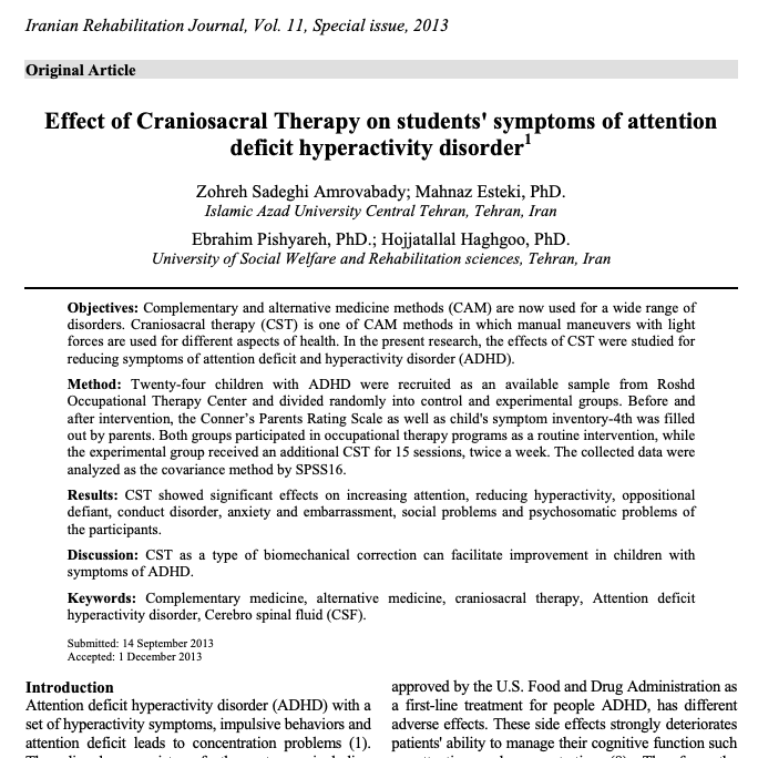 Effect of Craniosacral Therapy on students symptoms of attention deficit hyperactivity disorder