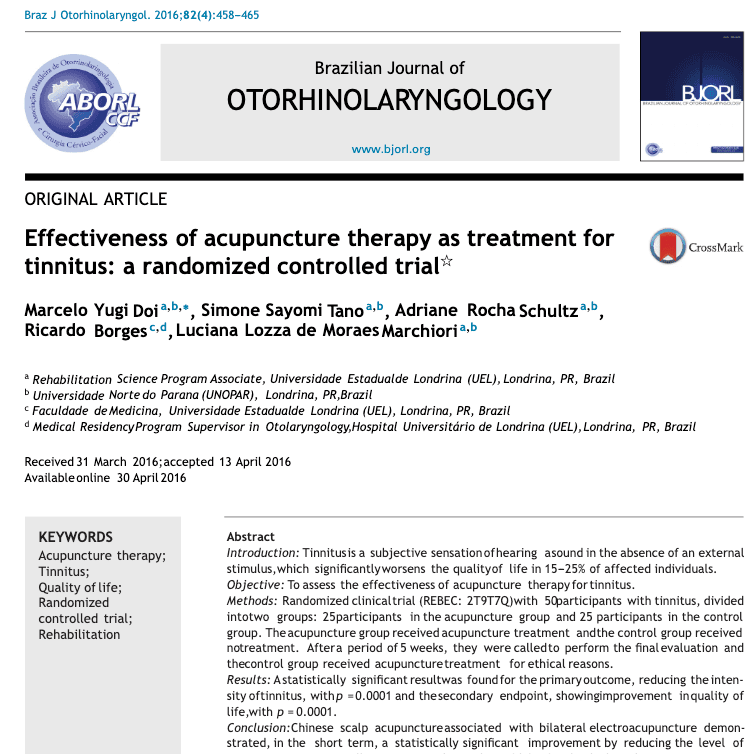 Effectiveness of acupuncture therapy as treatment for tinnitus: a randomized controlled trial