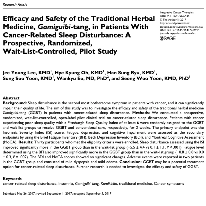 Efficacy and Safety of Gamiguibi-tang in Patients With Cancer-Related Sleep Disturbance