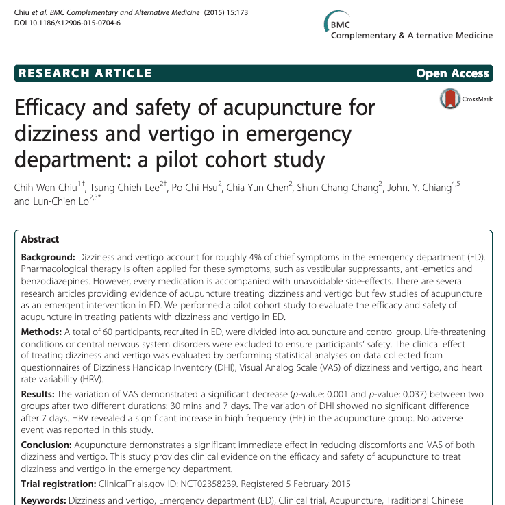 Efficacy and safety of acupuncture for dizziness and vertigo in emergency department