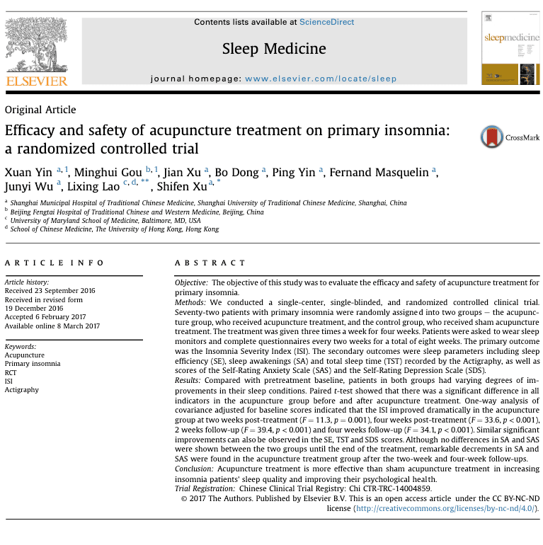 Efficacy and safety of acupuncture treatment on primary insomnia