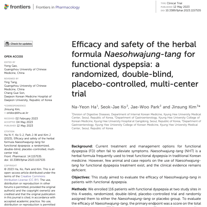 Efficacy and safety of the herbal formula Naesohwajung-tang for functional dyspepsia: a randomized, double-blind, placebo-controlled, multi-center trial