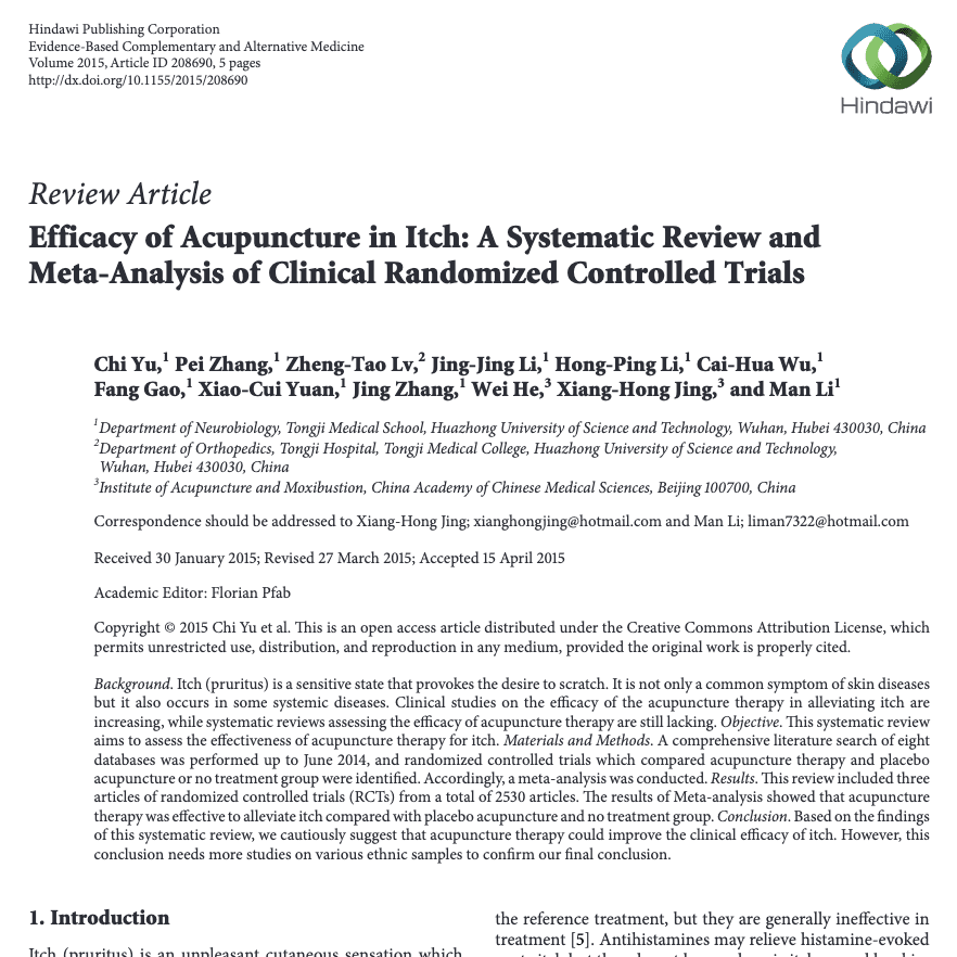 Efficacy of Acupuncture in Itch: A Systematic Review and Meta-Analysis