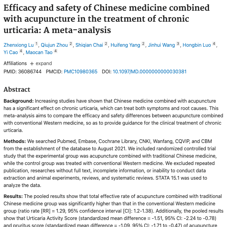 Efficacy of Traditional Chinese Medicine for Chronic Urticaria: A Randomized Controlled Trial