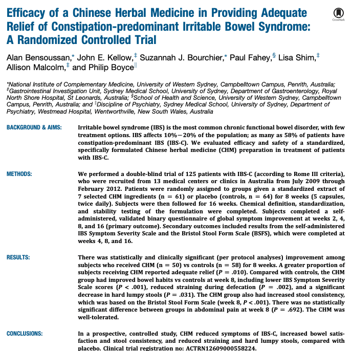 Efficacy of a Chinese Herbal Medicine in Providing Adequate Relief of Constipation-predominant Irritable Bowel Syndrome