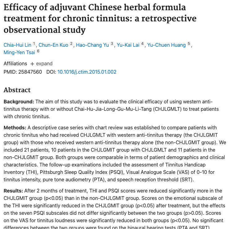 Efficacy of adjuvant Chinese herbal formula treatment for chronic tinnitus: a retrospective observational study