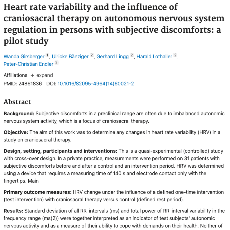 Heart rate variability and the effect of craniosacral therapy on autonomous nervous system regulation