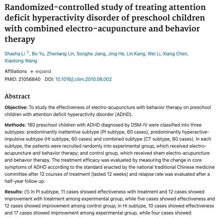 Randomized-controlled study of treating attention deficit hyperactivity disorder of preschool children with combined electro-acupuncture and behavior therapy